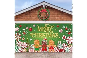 PREBOUN Christmas Candy Garage Door Decoration Merry Christmas Garage Door Banner Cover Peppermint Candy Cane Gingerbread Man Garage Backdrop for Xmas Eve Holiday Outdoor Wall Decor, 7 x 16 ft