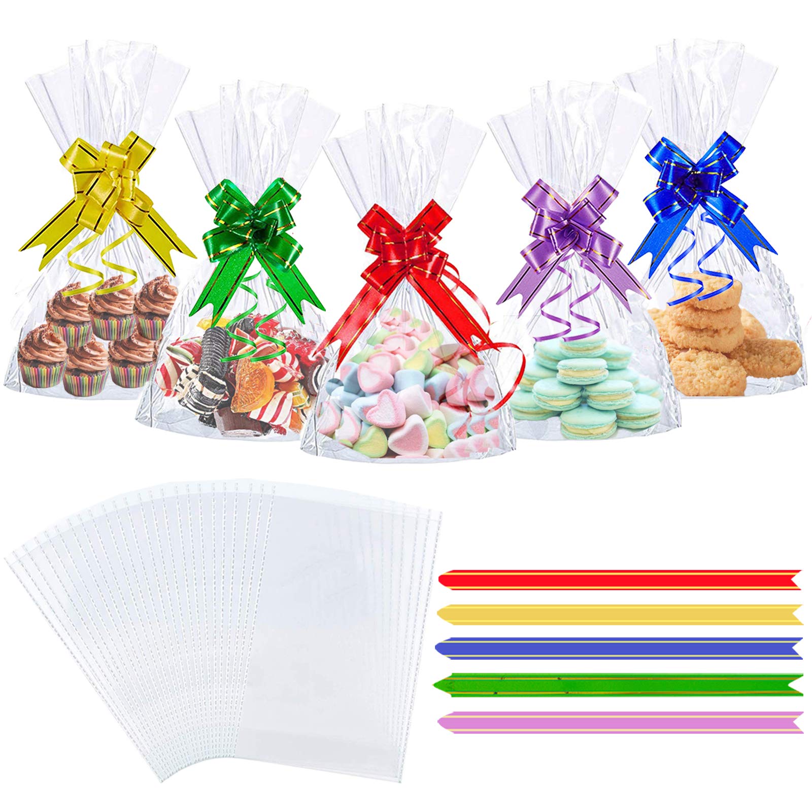 50PCS Clear Cellophane Treat Bags, AUERVO 13 x 18 cm Clear Resealable Flat Cello Bags Sweet Party Gift Bags Candy/Cookie/Chokley/with 50PCS Colorful Pull Bows
