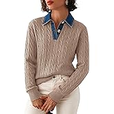 SAUKOLE Sweaters for Women Denim Lapel V Neck Buttons Closure Casual Long Sleeve Cable Knit Loose Pullover Sweater