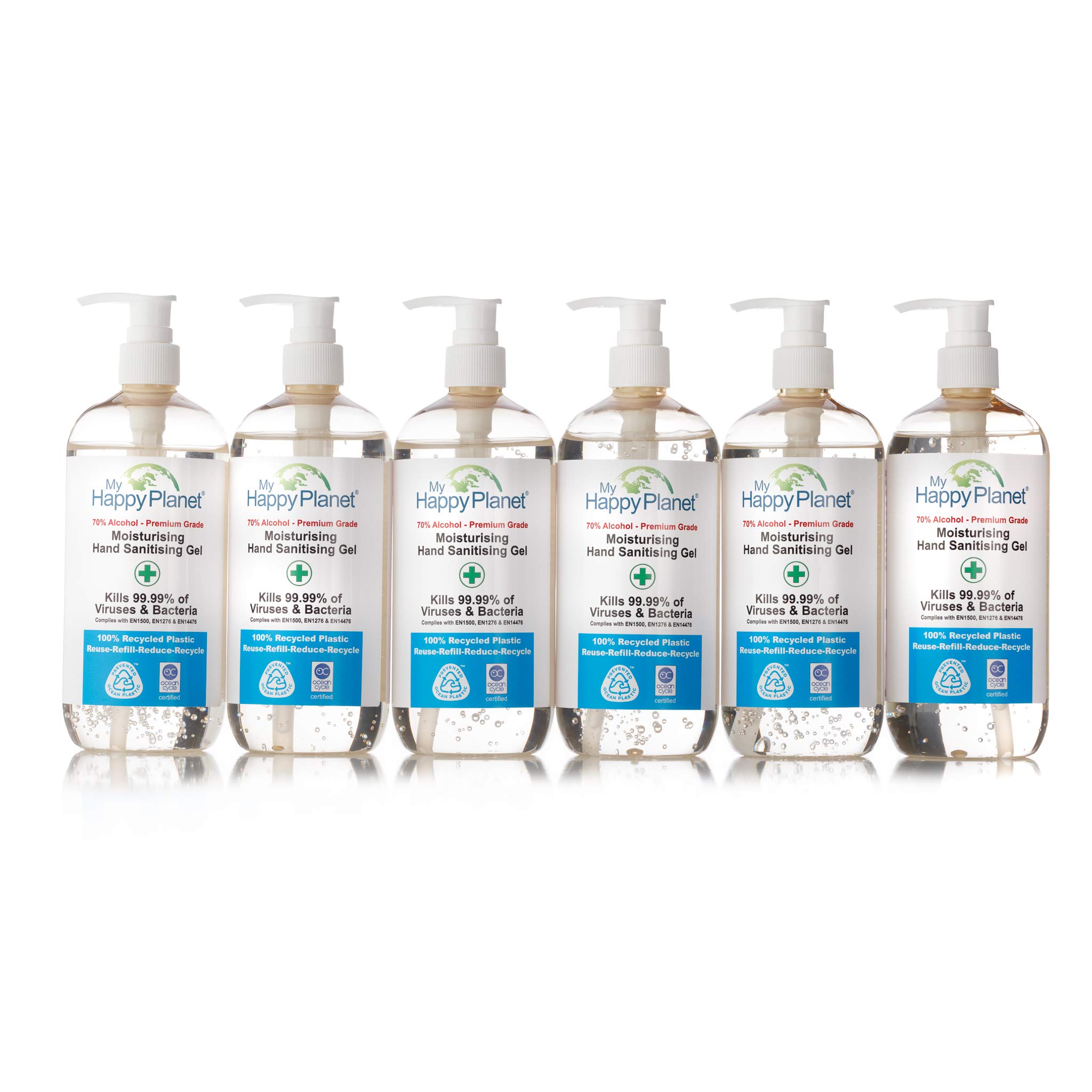 My Happy Planet 70% Alcohol Gel with Added Moisturiser to Protect and Care for the Hands, 100% Recycled Prevented Ocean Plastic Bottles, 6 x 500 ml
