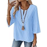LOMON Womens 3/4 Sleeve Tops Cotton Linen Shirts V Neck Lace Casual Loose Fit Blouses Boho Fashion