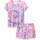 Beezizac Neon Tie Dye Spiral Pattern/Butterfly Pajamas for Girls Tee & Shorts PJ Set Size 6-18