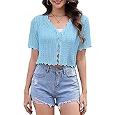 YUURQTY Women's Lightweight Short Sleeve V-Neck Button Down Cardigan Trendy Knit Hollowed-Out Shrugs Sweater