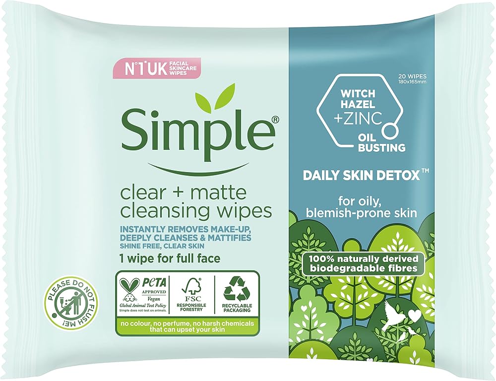 Simple Daily Skin Detox Clear Matte Biodegradable Wipes 20ct Vitamin B3 Oily