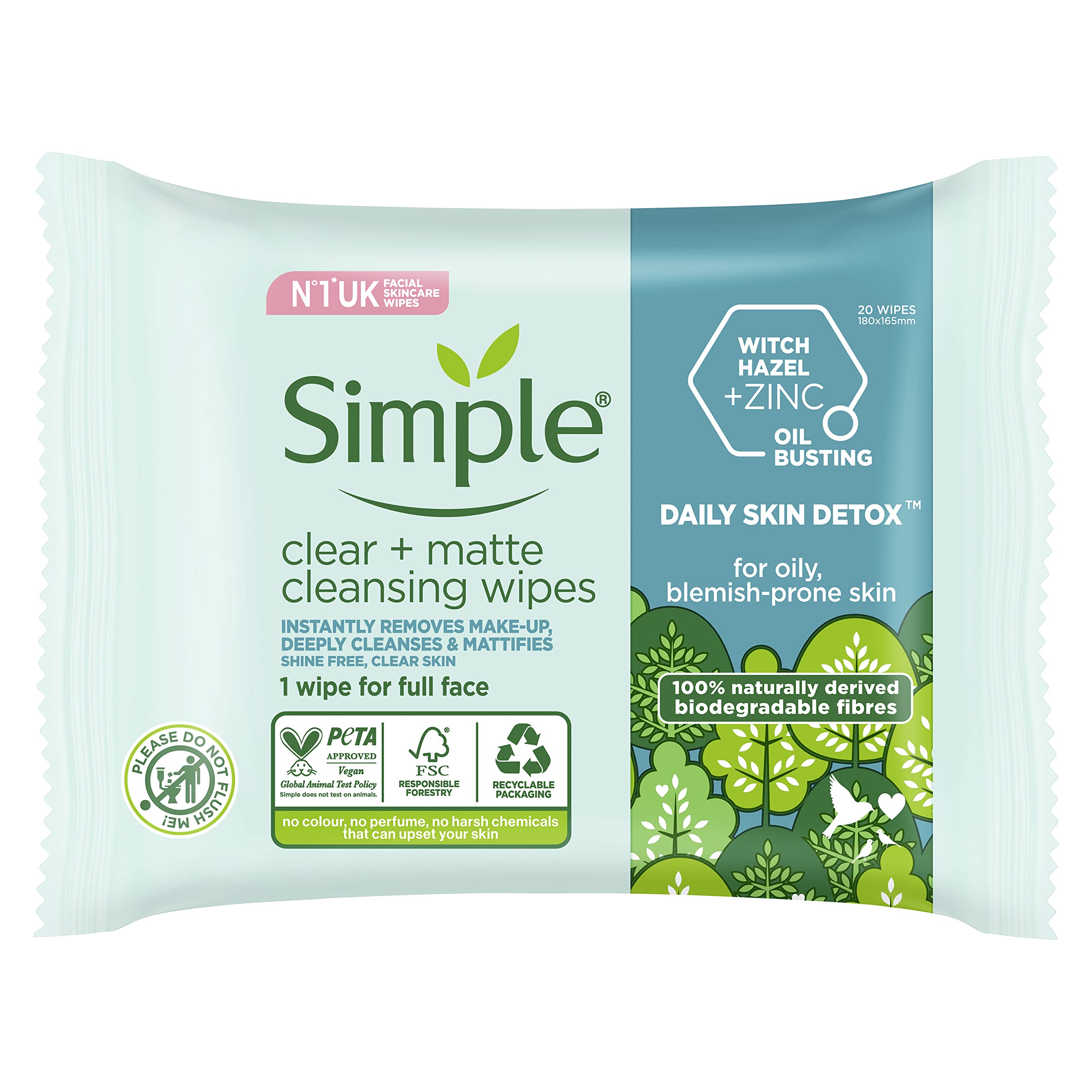 Simple Daily Skin Detox Clear + Matte Biodegradable Wipes with vitamin B3 cleansing make-up remover for oily skin 20 wipes