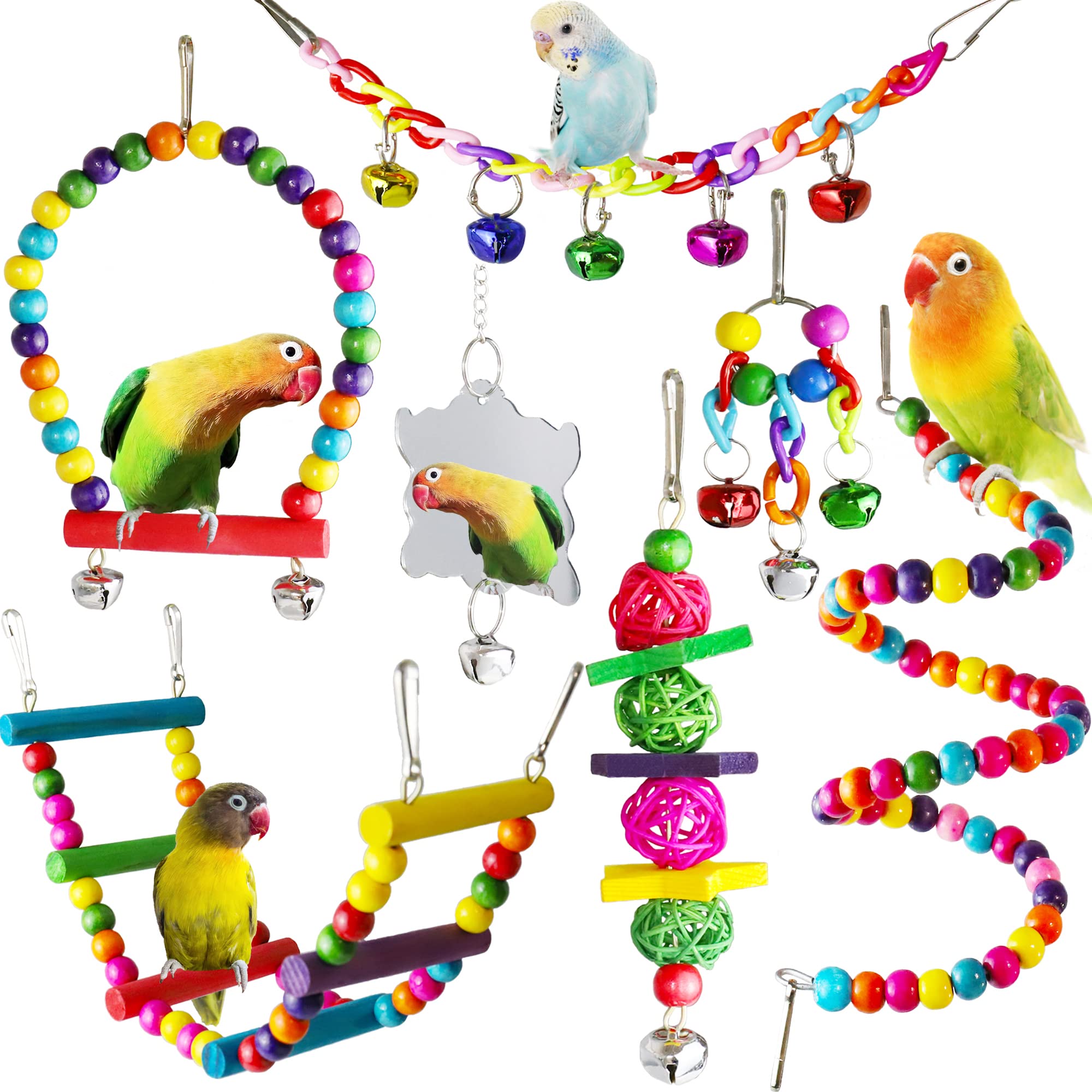 7 Pcs Bird Budgie Toys, ESRISE Hanging Bell Parrot Cage Swing Climbing Ladders Wooden Perch Chewing Toy for Conures, Love Birds, Small Parakeets, Cockatiels (Muliti-B)