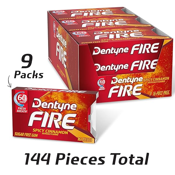 DENTYNE FIRE SPICY CINNAMON SUGAR-FREE CHEWING GUM, PACK OF 9 (144 TOTAL PIECES)