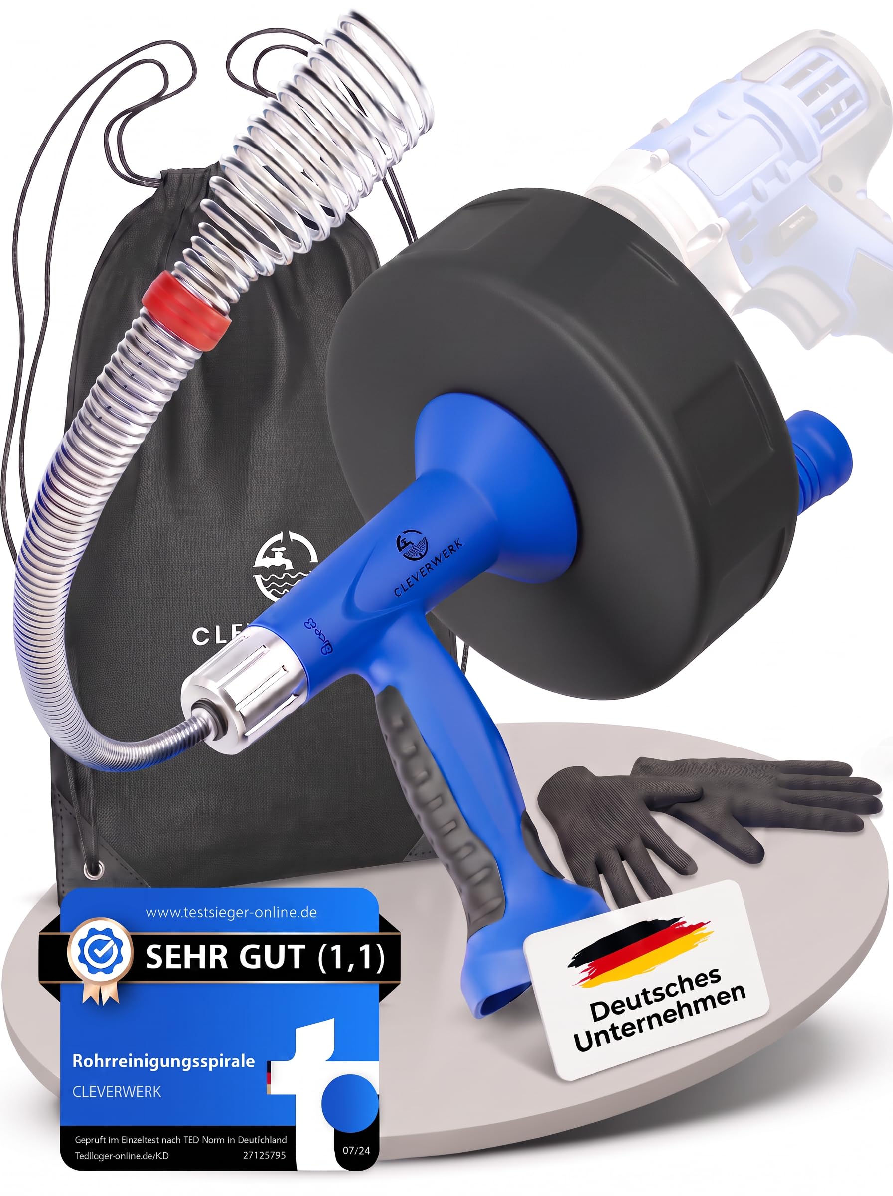 CLEVERWERK Rohrreinigungsspirale 7,5m[Spannfutter]Abflussreiniger Spirale