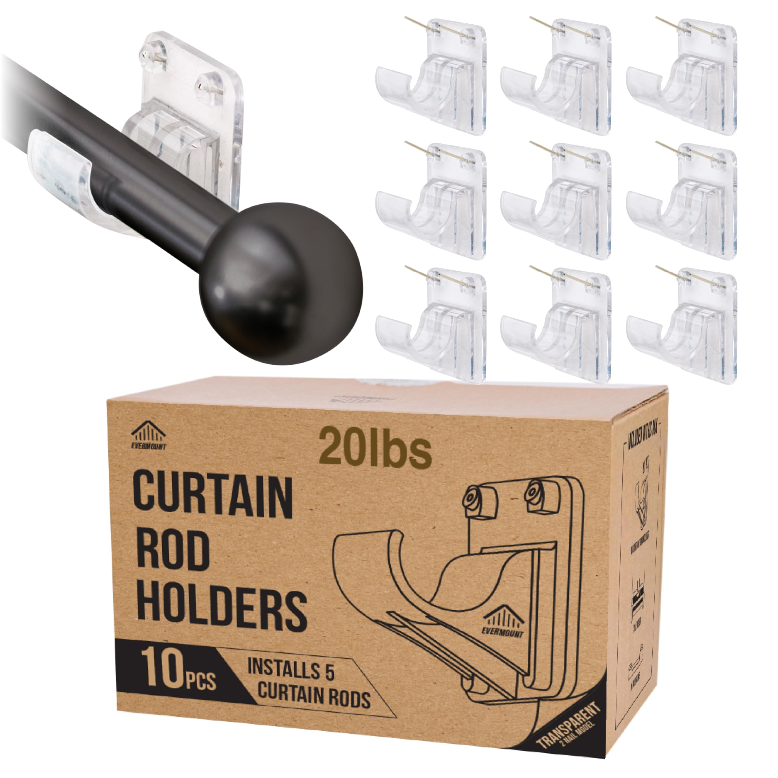 Photo 1 of 10pcs Heavy Duty Curtain Rod Holders with Wide Hook, 5X Stronger Than Adhesive Curtain Rod Hooks, 20 LBS Tension Curtain Rod Bracket for Wall with Level and Pin Guide, Curtain Wall Mount