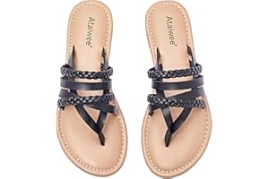 Ataiwee Women's Slide Flat Sandals - Comfortable Slip On Plait Toe Thong Strappy Spring Summer Shoes.