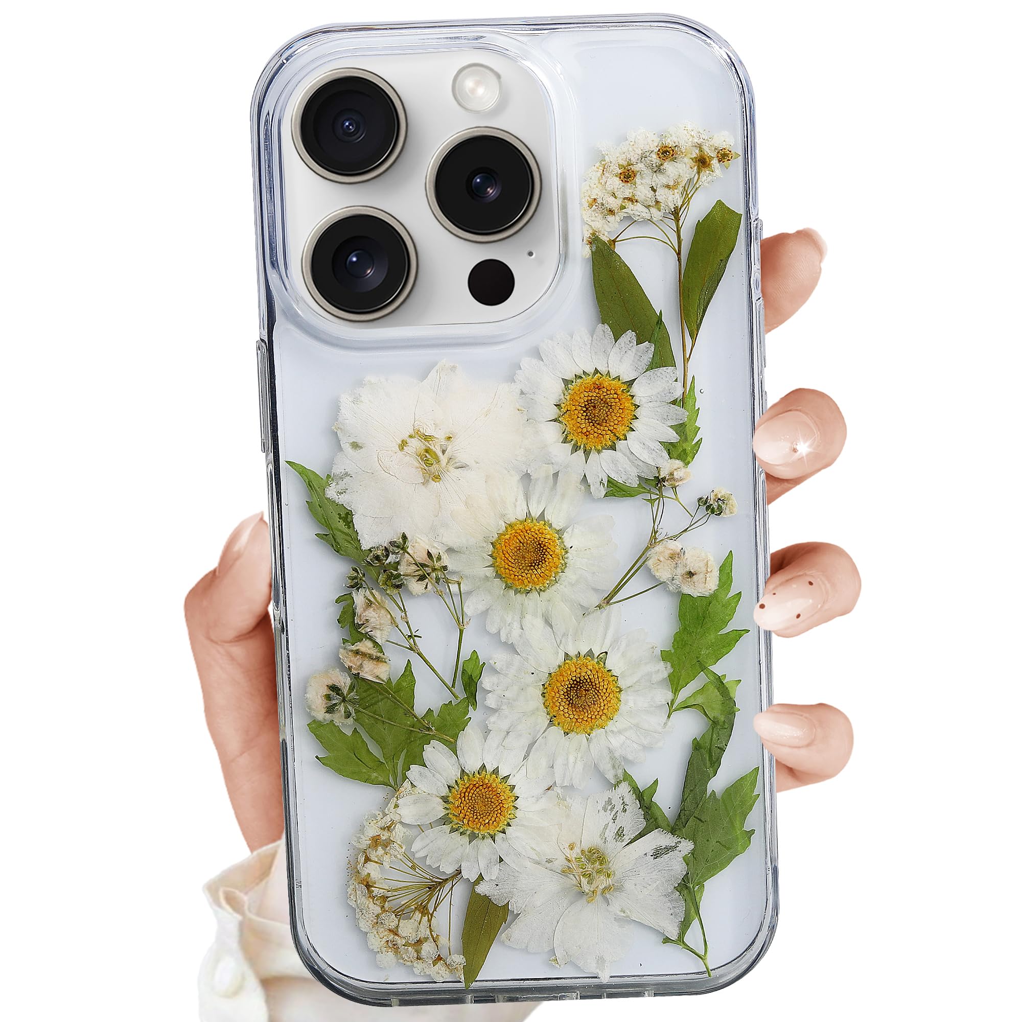 for iPhone 15 Pro Clear Case,Aesthetic Floral Phone Case with Pressed Real Flowers Design,Glitter Cute Floral Pattern Women's Phone Case Slim Soft TPU Protective Girl's Phone Cover for iPhone 15 Pro