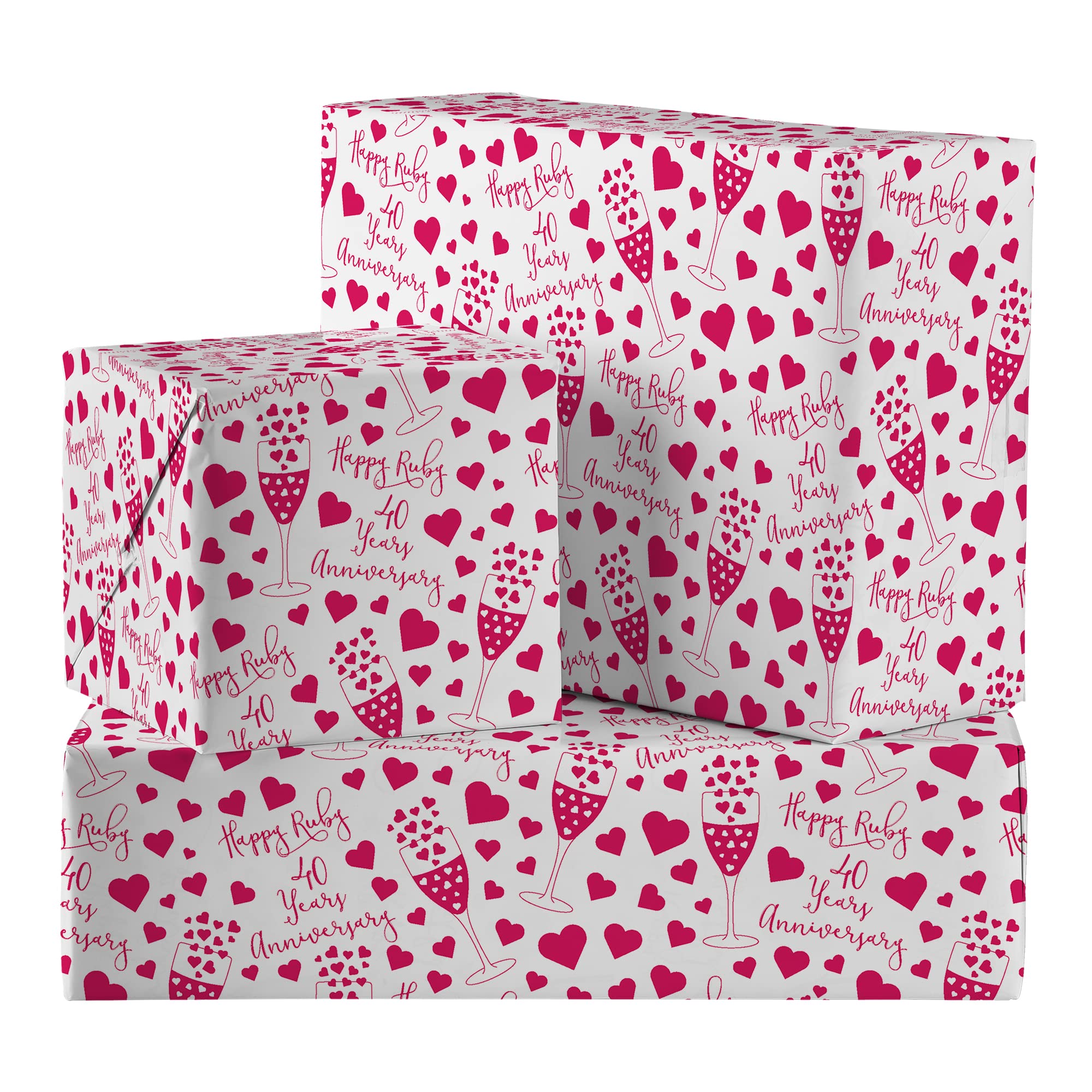 Hunts England - 2 Sheets Of 40th Ruby Wedding Anniversary Luxury Wrapping Paper - Includes 2 Gift Tags - Iconic Collection - For Husband, Wife, Couple, Friends, etc. - 40 Years