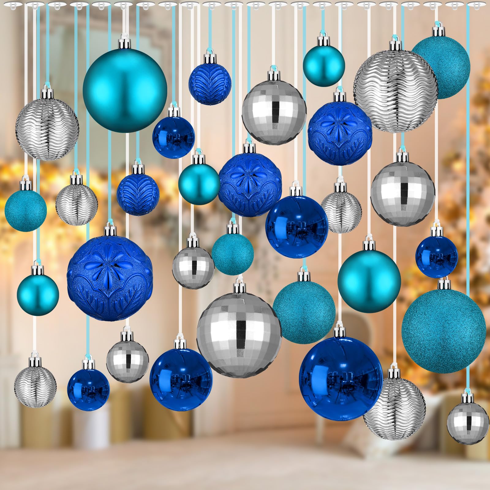 Photo 1 of ***(USED/ UNKNOWN IF MISSING PARTS)***Relaxgiant 36 Pcs Christmas Balls Ornaments for Ceiling, 1.6'' 2.4'' 3.2'' Large Big Shatterproof Christmas Hanging Decorations Balls for Tree Xmas Holiday Party Indoor(Lake Blue, Navy Blue, Silver)