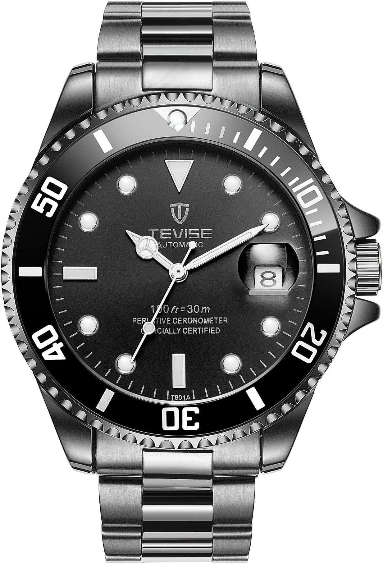 Men's Swiss Automatic Mechanical Stainless Steel Watches with Calendar Luminous Waterproof Rainbow Tevise Submariner Watc