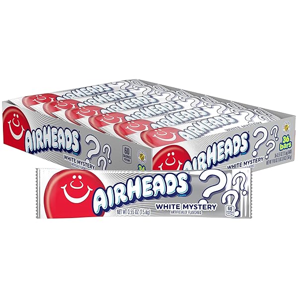 AIRHEADS CANDY, INDIVIDUALLY WRAPPED FULL SIZE BARS, WHITE MYSTERY, BULK TAFFY, NON MELTING, PARTY, 0.55 OZ (PACK OF 36)