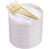 Rubtlamp 200Pcs Clear Gold Dessert Plates With Plastic Gold Forks, 100pcs 7.5inch Plates For Appetizers,100pcs 7.8inch Premium Forks Disposable, Cake Platos Disposable for Wedding