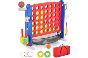 PEAKPURSUIT Giant 4-to-Score Game Set, 3-Level Height Adjustable Jumbo 4-in-a-Row Game with Quick-Release Slider, Mini Basketball, Golf & Ring Toss Set for Family Party, Outdoor & Indoor