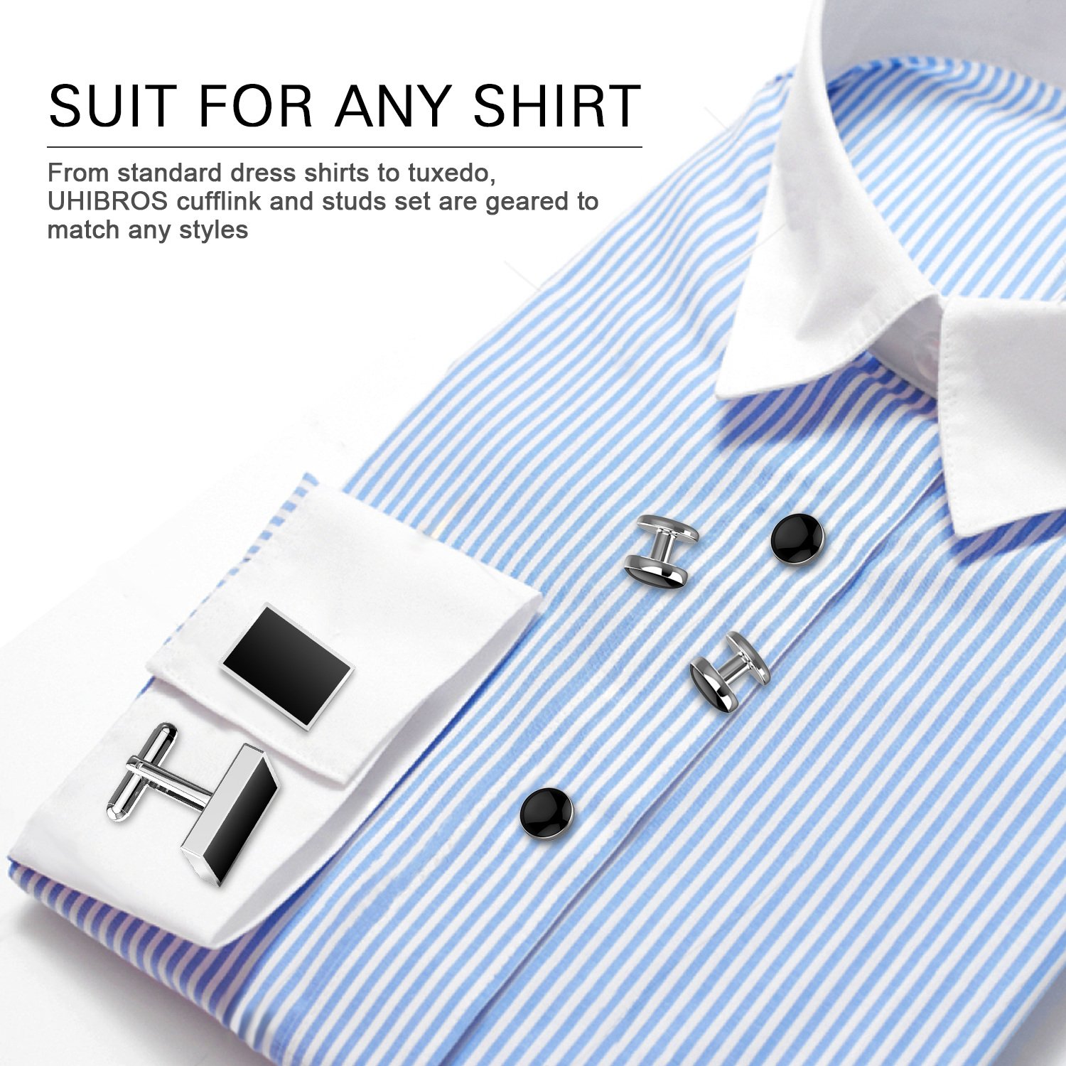 UHIBROS Mens Cufflinks Shirt Studs Set Tuxedo Shirt Cuff Links for Men Business Wedding 2 Cufflinks and 6 Studs (8pcs)