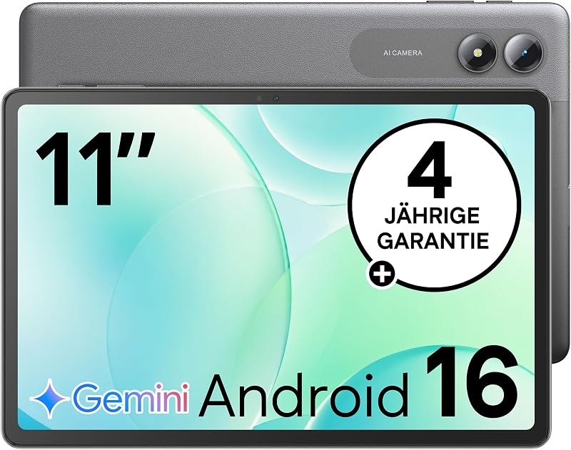 Tablet Android 16, 11 Zoll Display, 90Hz Bildwiederholrate, 64GB Tablet PC, 7000mAh Akkulaufzeit, 5G WiFi, GPS, OTG, Leichtes Design, Vielseitige KI-Tools, 4 Jahre Herstellergarantie