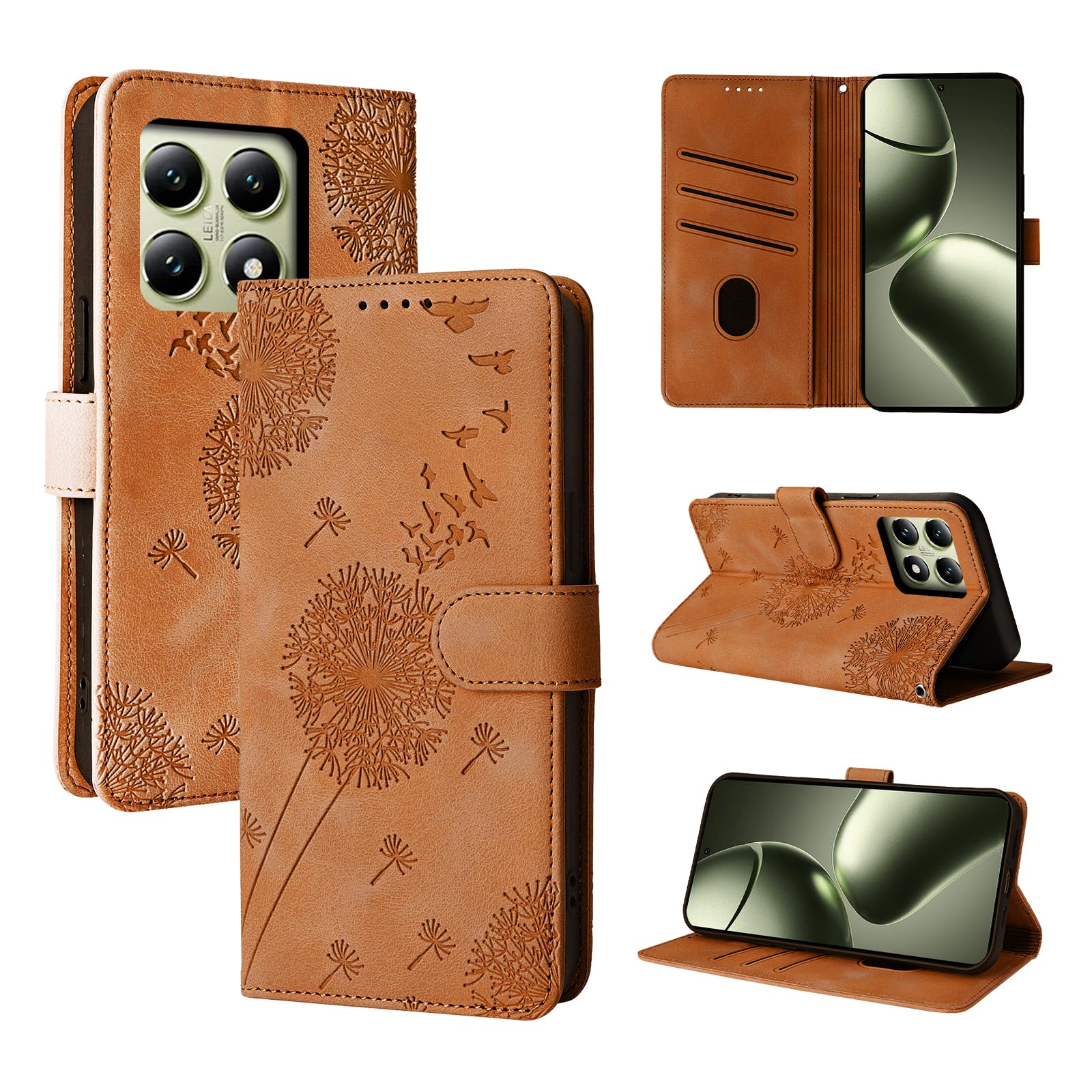 Rostsant Flip Case for Xiaomi 14T, Brown, PU Leather + TPU Silicone, Flowers, Stand, Glossy, Dandelion