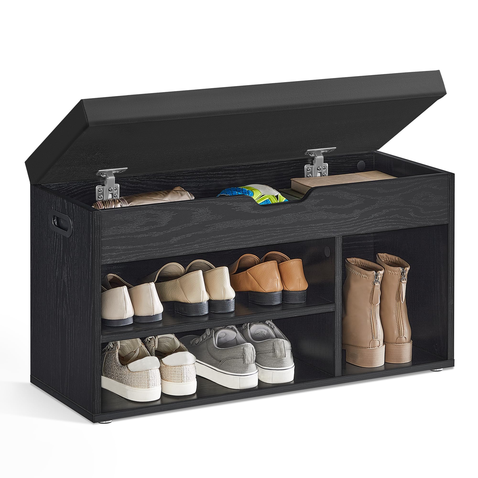 VASAGLE Schuhbank mit Sitzfläche, Sitzbank mit Stauraum, gepolstert, Fach unter Sitzkissen, Schuhregal Wohnzimmer, Flur, bis 136 kg belastbar, 30 x 80 x 44 cm, ebenholzschwarz-tintenschwarz LHS030B03