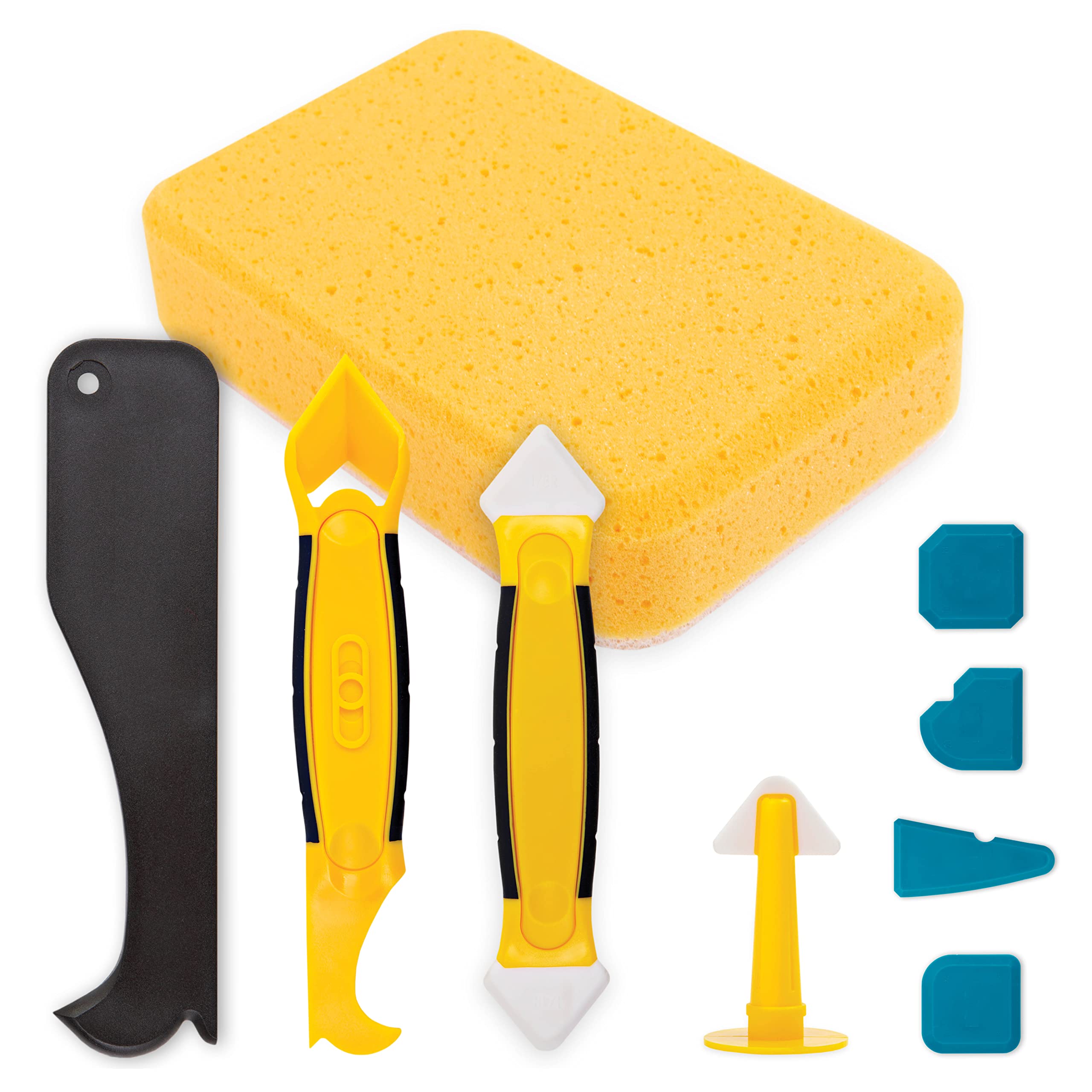BLOSTM Silicone Caulking Tool Kit, 9pc Silicone Sealant Tool Set - 4 X Blue Silicone Finishing Tool, 1 Caulk Removal, 1 X Finishing Tool, 1 X Caulk Nozzle, 1 X Plastic Grout Scraper, 1 X Sponge