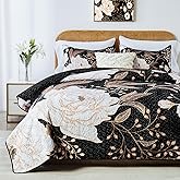 Yogeneg Full Queen Size Quilt Set,White Gold Floral Botanical Pattern Black Bedding Set,3 Piece Lightweight Soft Summer Bedspread Coverlet with 2 PIillow Sham for All Season(Black Floral,90"x96")