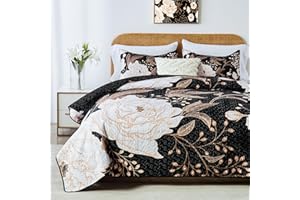Yogeneg Full Queen Size Quilt Set,White Gold Floral Botanical Pattern Black Bedding Set,3 Piece Lightweight Soft Summer Bedspread Coverlet with 2 PIillow Sham for All Season(Black Floral,90"x96")