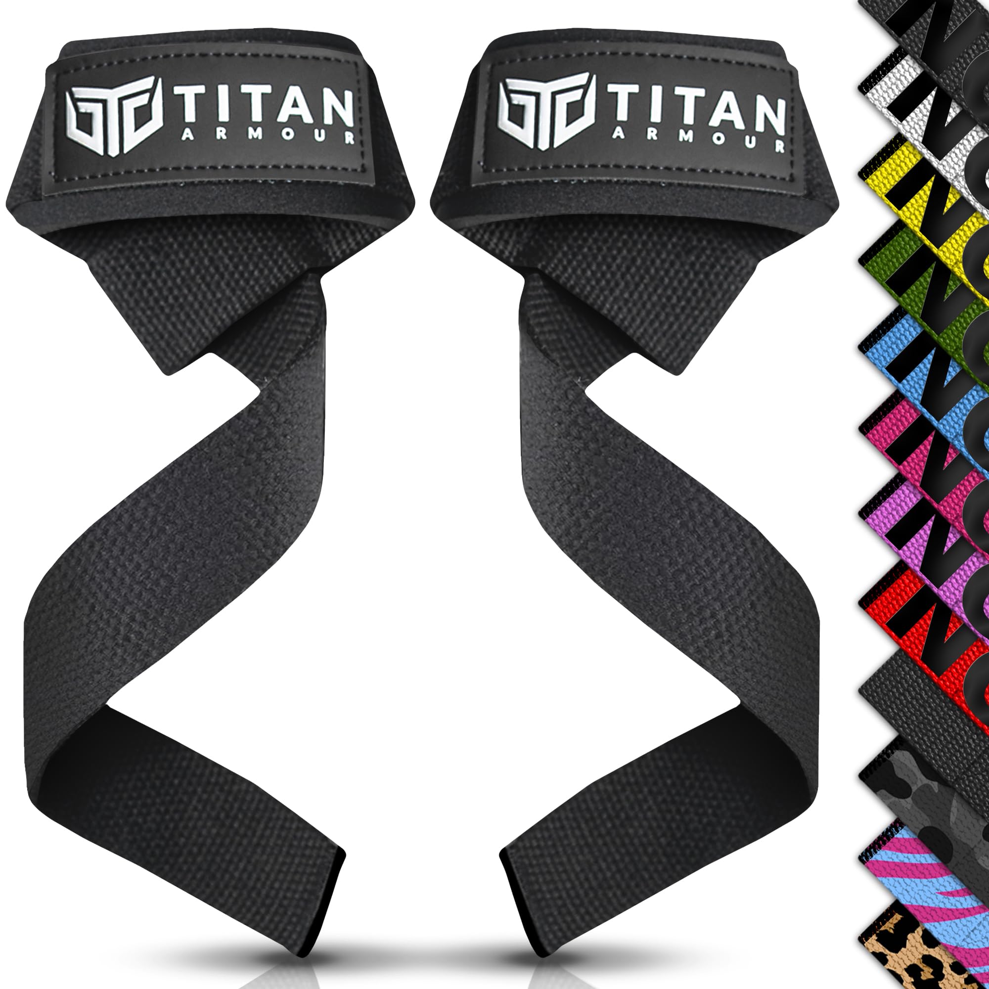 Titan Armour® Weight Lifting Straps | Extra-Long Neoprene Padded Heavy-Duty Weightlifting Straps | Deadlifts | Anti-Slip Gel Option | Gym Accessories Men & Women (Black (No Gel))