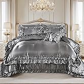 MOVE OVER Gray Silky Comforter Set Queen Size 8 Pieces Satin Bed in a Bag Farmhouse Shabby Chic Ruffled Comforter Set Luxury Silk Like Satin Comforter Bedding Sets