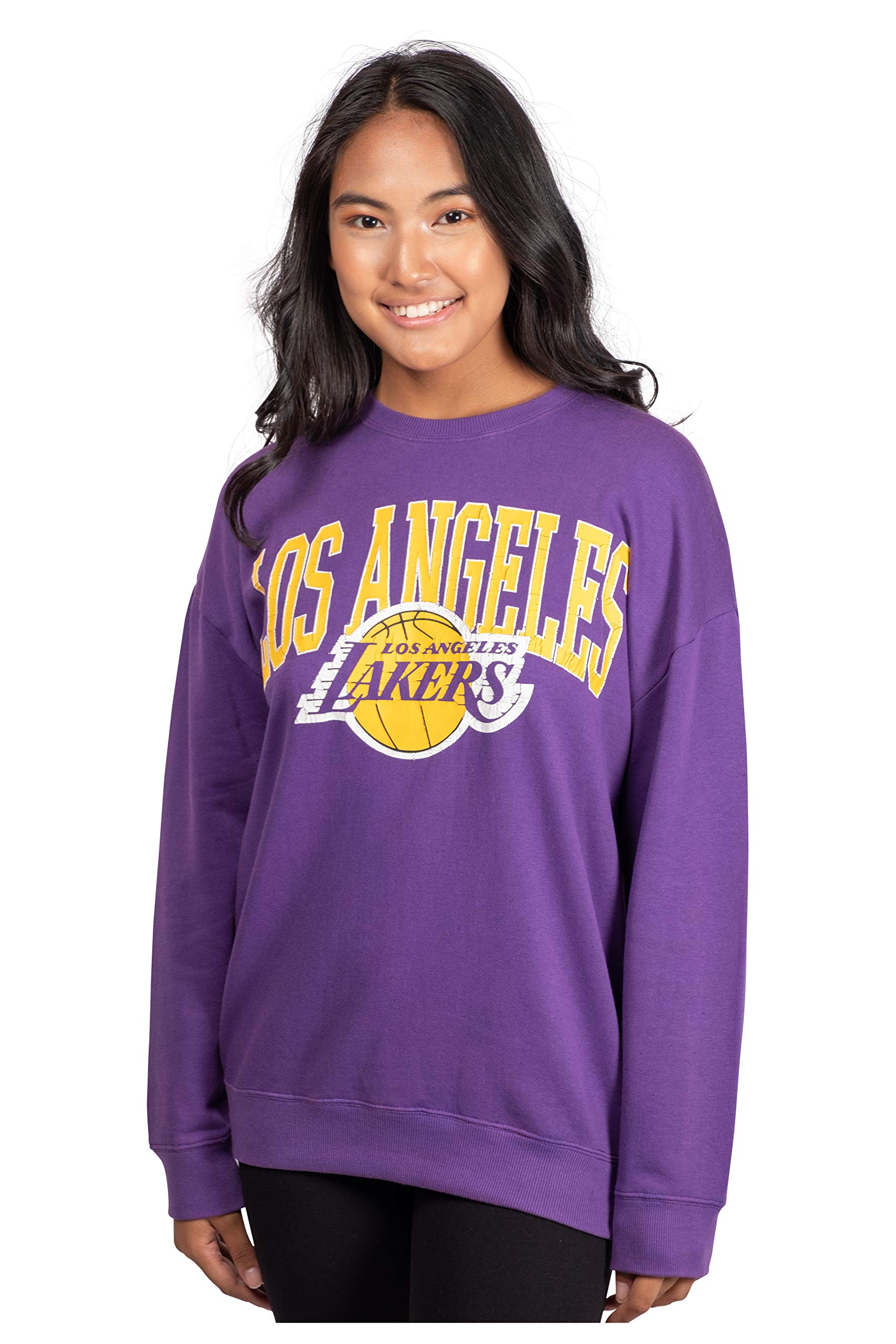Ultra Game NBA Los Angeles Lakers Womens Extra Soft Fleece Distressed Oversized Pullover Sweatshirt, Team Color, Large