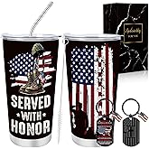 Keluna 2Pcs Veterans Day Gifts, 20Oz Tumbler with Lid Straw, USA Flag Keychain, Veterans Thank You Appreciation Gifts, American Army Military Patriotic Christmas Retirement Memorial's Day Present