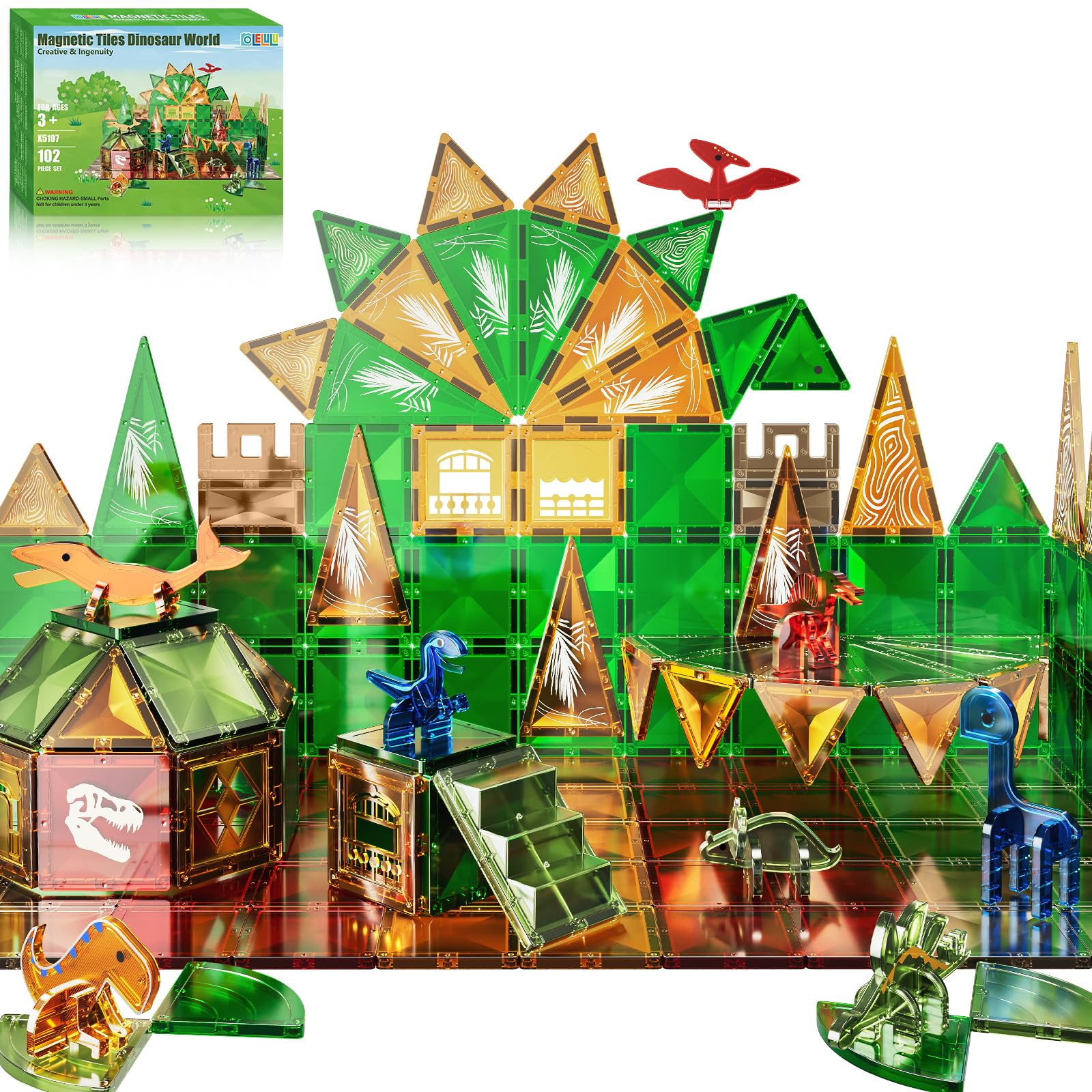 Photo 1 of Colelulu 102PCS Dinosaur Magnetic Tiles with 8 Figures Gifts for 3+ Boys and Girls, Dino World STEM Magnet Toys for Toddlers, Building Blocks Preschool Learning Sensory Toys for Kids Age 3-5 4-8