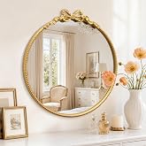 Besdomus Gold Round Bow Mirror: 27" Vintage Circle Bathroom Vanity Mirror | Baroque Ornate Beaded Decorative for Over Sink/Wall/Cloakroom/Bedroom/Dressing Room/Entryway/ Fireplace