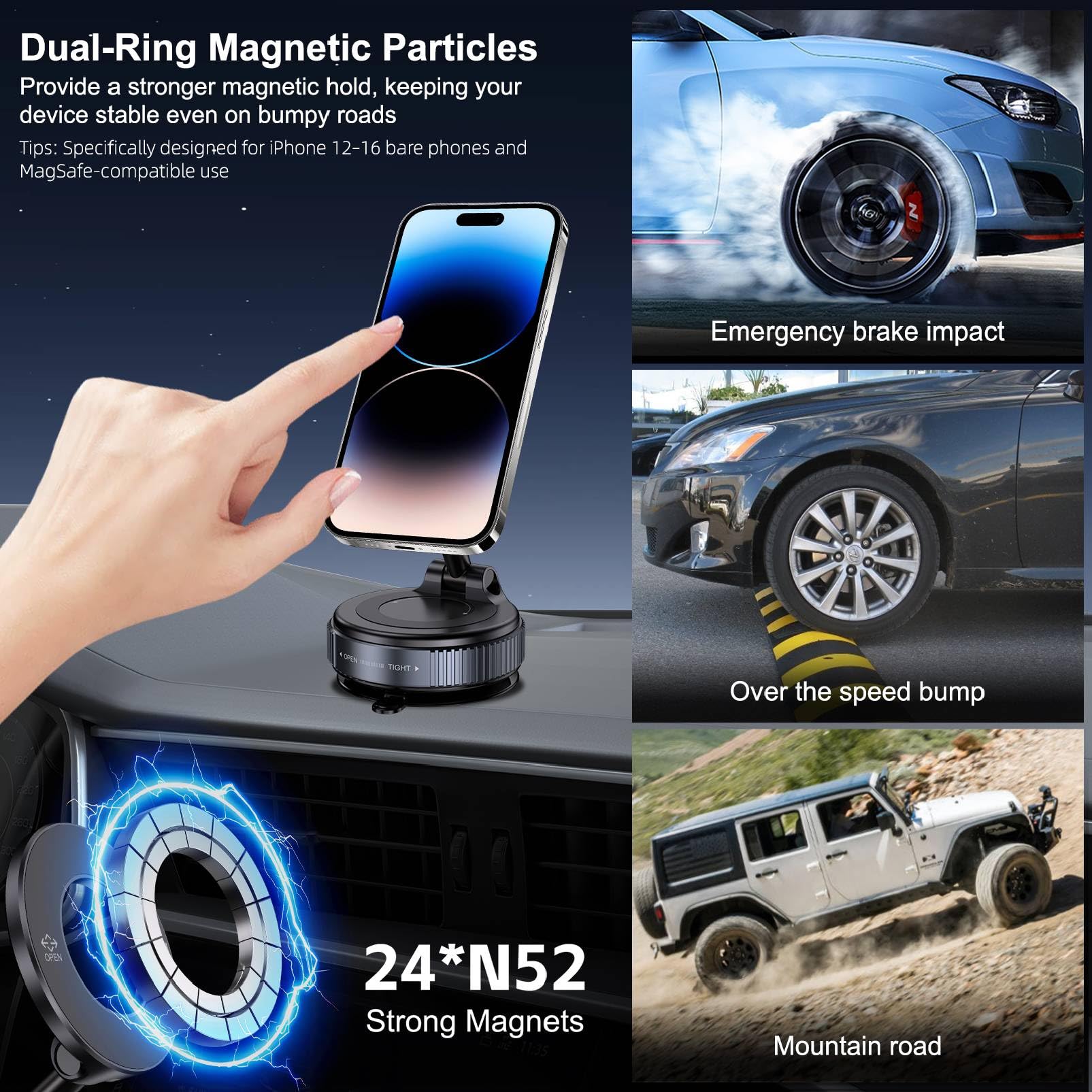 Jikasho Vacuum Magnetic Suction Phone Holder, Foldable and Retractable Hands-Free Suction Cup Phone Mount for Car/Gym/Mirror/Smooth Surface, Compatible with iPhone Android and All Smartphones (Black)