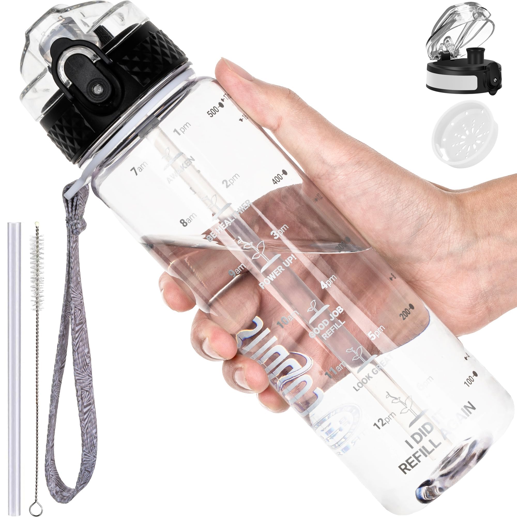 Photo 1 of GOPPUS Kids Water Bottle with Straw Spout Lid 17 oz Leak-proof BPA Free Motivational Time Marker Tritan Plastic Water Bottles for Girls Boys School 2 Lids Transparent