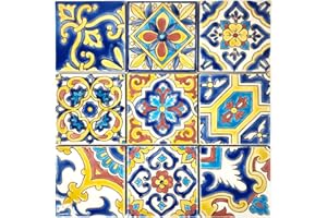 DYARI Set of 9 Decorative Ceramic Tiles – Hand Painted Indoor & Outdoor – Artisan Top Kitchen – Mediterranean Decorative 4x4 / One Tile Durable Colorful (Yellow & Red, 9 Tiles (1 Sq Ft))