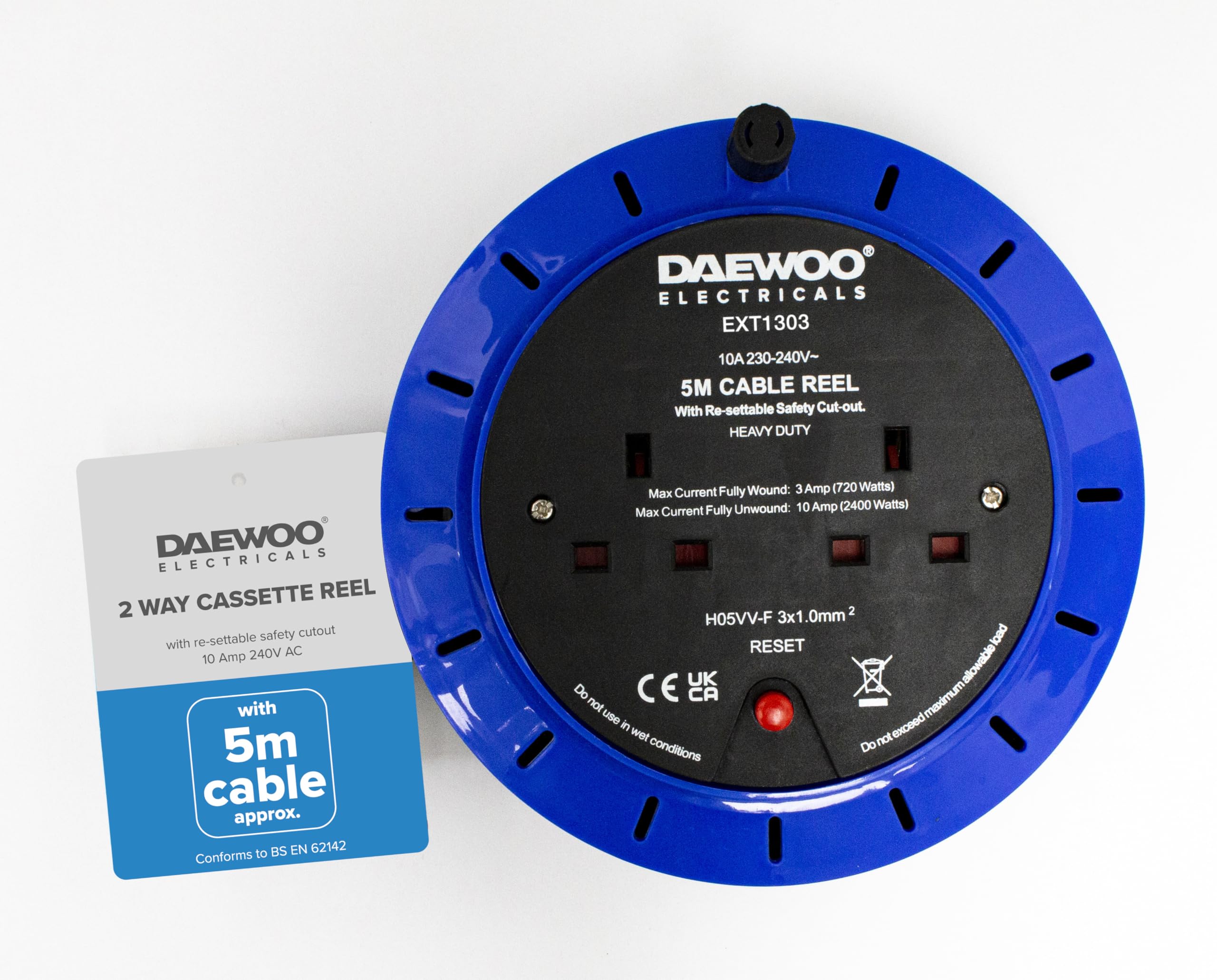 Daewoo Extension Reel, 2 Gang 5 Metres Cassette Reel, with Resettable Safety Cut Out