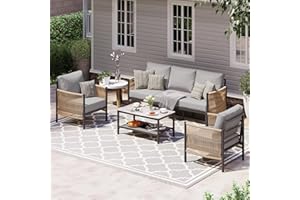 Oasbira Aluminum Outdoor Patio Furniture Set, HDPE Rope 4 Piece Modern Sectional Conversation Sets with Dual-Layer Coffee Table, All Weather Patio Couch Sets with Thick Cushions, Gray Frame, Gray
