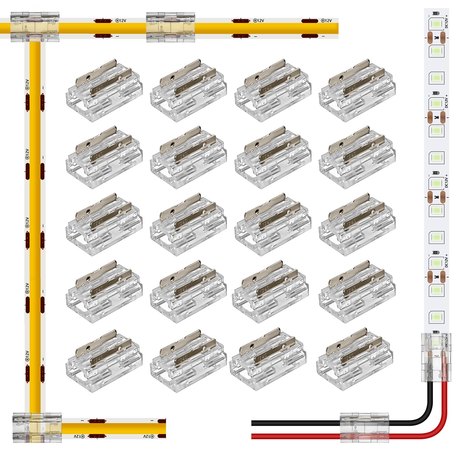 Aroidful 20PCS 8-in-1 2 Pin 8mm LED Strip Light Connectors, COB Light Connector Gapless Solderless Connection for 0-36V COB/SMD 2835/3528 Single Color LED Strip and 20-22AWG Wire [Energy Class A]