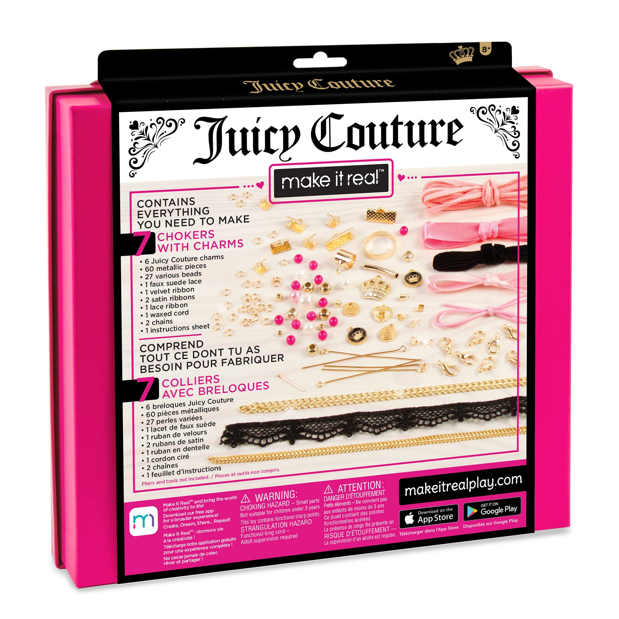 Make It Real Make It Real Juicy Couture: Chokers & Charms Kit - Create 7 Unique Necklaces, 102 Pieces, 7 Trendy Chokers, 6 Juicy Charms, Tweens & Girls, Elastic Fitted Necklaces, DIY Bead Jewelry Kit, Ages 8+