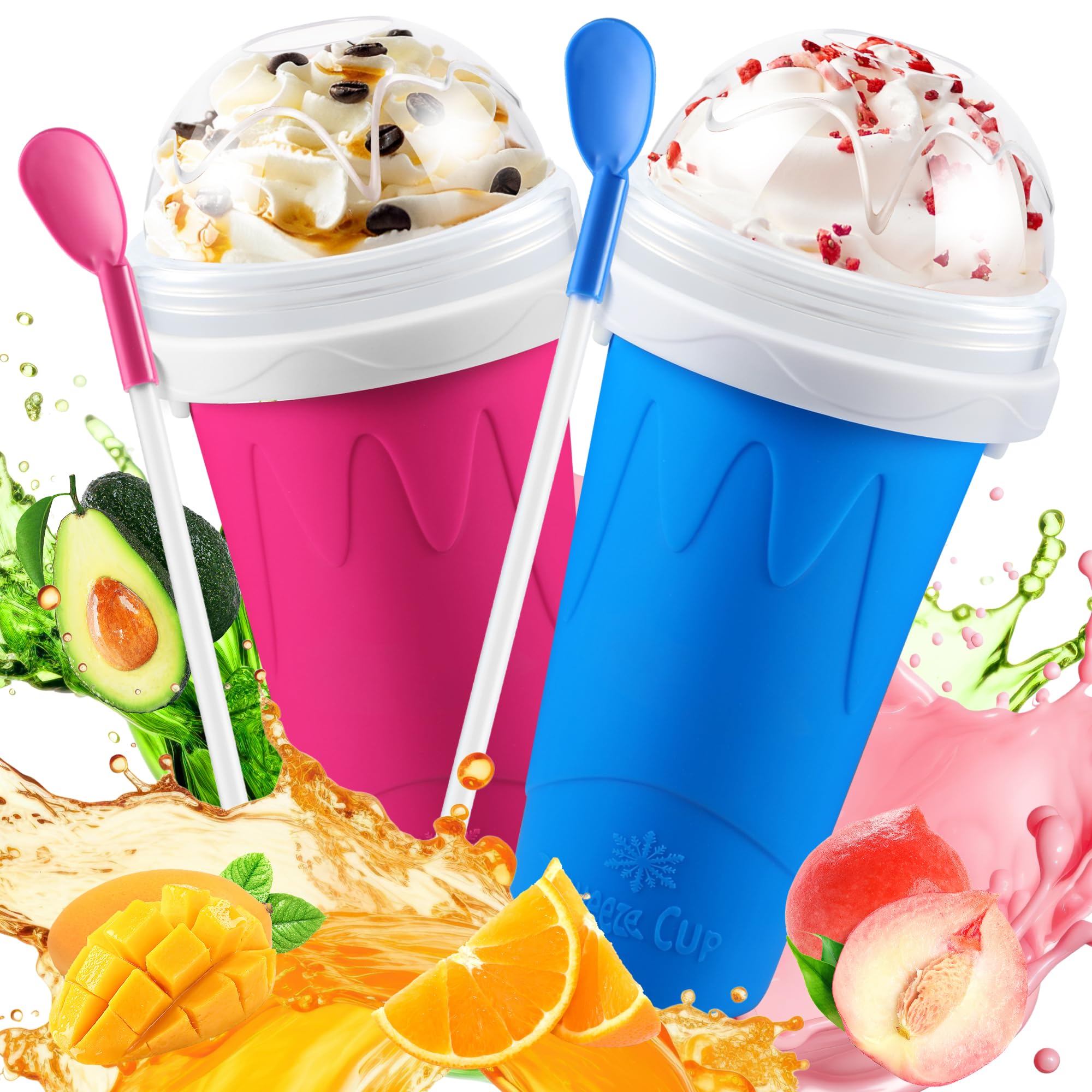 Photo 1 of 2 Pack Slushie Cup, Slushy Maker Cups, Magic Quick Frozen Squeeze Cups for Ice Cream Juice Milk Yogurt, DIY Smoothie Cooling Cup with Lid and Straw for Kids Friends Family (Blue and Pink)