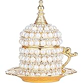 Alisveristime Turkish Coffee Cup - Authentic Turkish Greek Arabic Coffee Espresso Cup with Saucer (1 Pc) (Pearl Bead Design) (Gold) (3.38 oz/100ML)