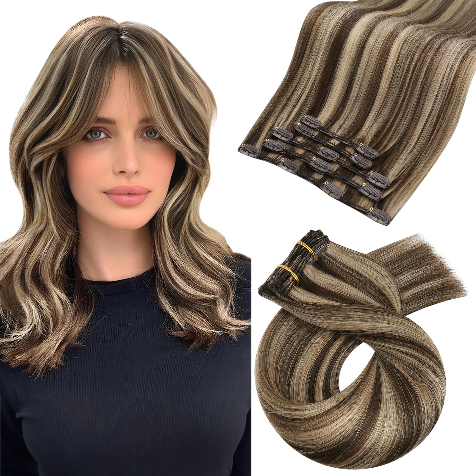 Moresoo Clip in Hair Extensions Real Human Hair Dark Brown Highlighted Caramel Blonde Clip in Hair Extensions 10 Inch Short Bob Hair 5 Pcs/80g #P4/27 — image 1