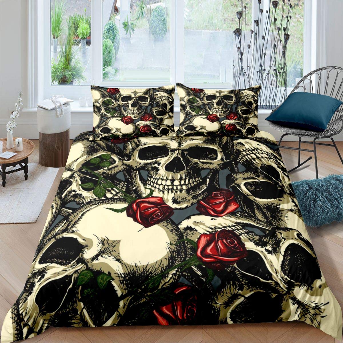 Homemissing Skulls Duvet Cover Red Roses Bedding Set Skeleton Comforter Cover for Boys Girls Kids Scary Gothic Bones Style Bedding & Linen King