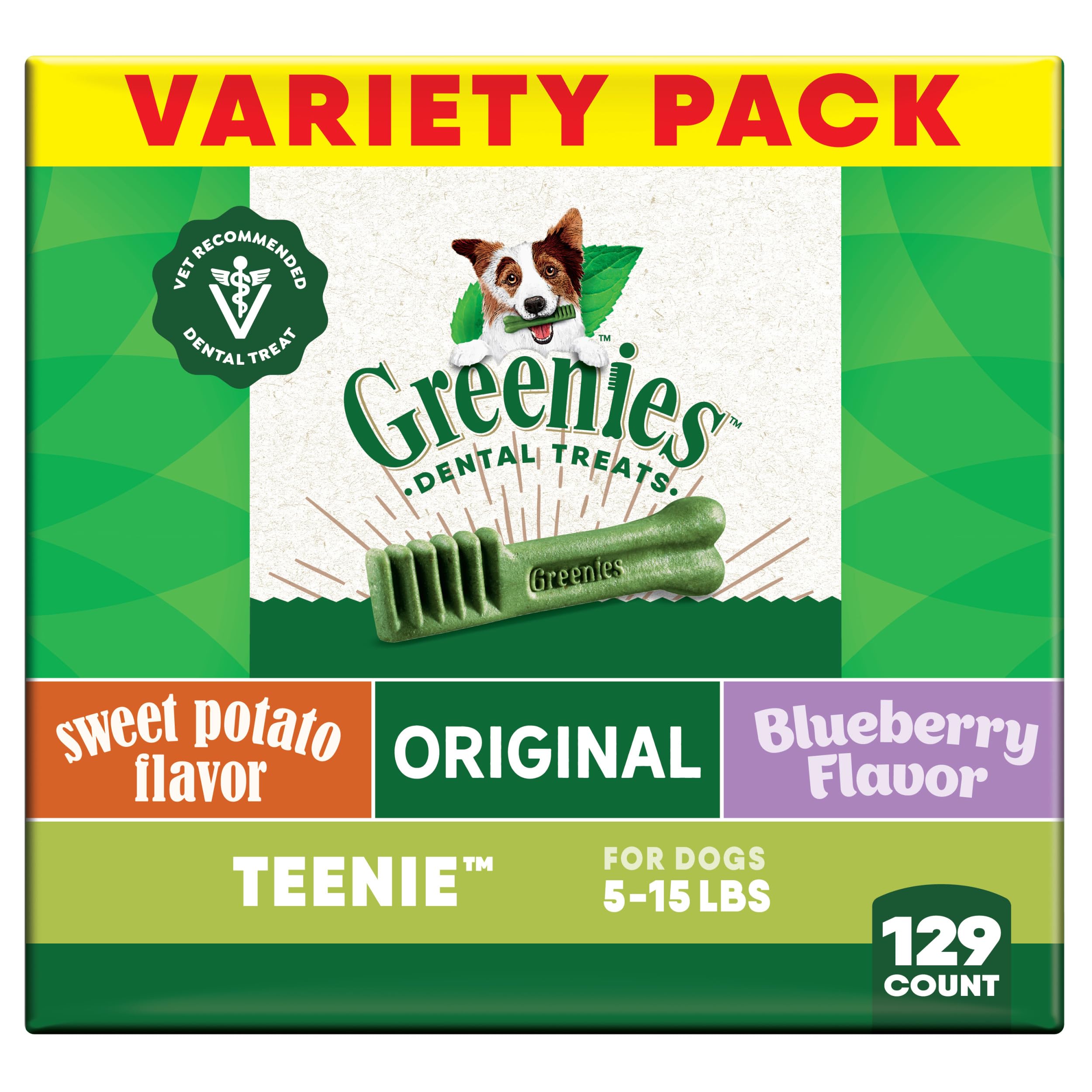 Greenies Veterinarian-Recommended Adult Natural Dental Dog Treats Teenie Size, Original Flavor, Sweet Potato Flavor, and Blueberry Flavor, (3) 12 oz. Packs, 129 Count Image