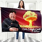 Kim Jong Un Live Laugh Love Flag (5ft x 3ft) – Funny Meme Flag for Bedroom or College Dorm – Nuclear Explosion Backdrop Banner with 4 brass holes – Digital Print - Double Seam