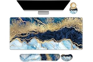 ARTSO Large Gaming Mouse Pad, Keyboard Wrist Rest Pad & Wrist Support Mousepad Set, Stitched Edge, Extended, Non-Slip Base, Memory Foam,Multifunctional Desk Mat 4pcs for Office & Home, Blue Marble