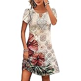 HOTOUCH Women's Casual A-Line Dress with Pockets Summer Beach Floral Tshirt Dress Short Sleeve Mini Dress Flowy Sundresses