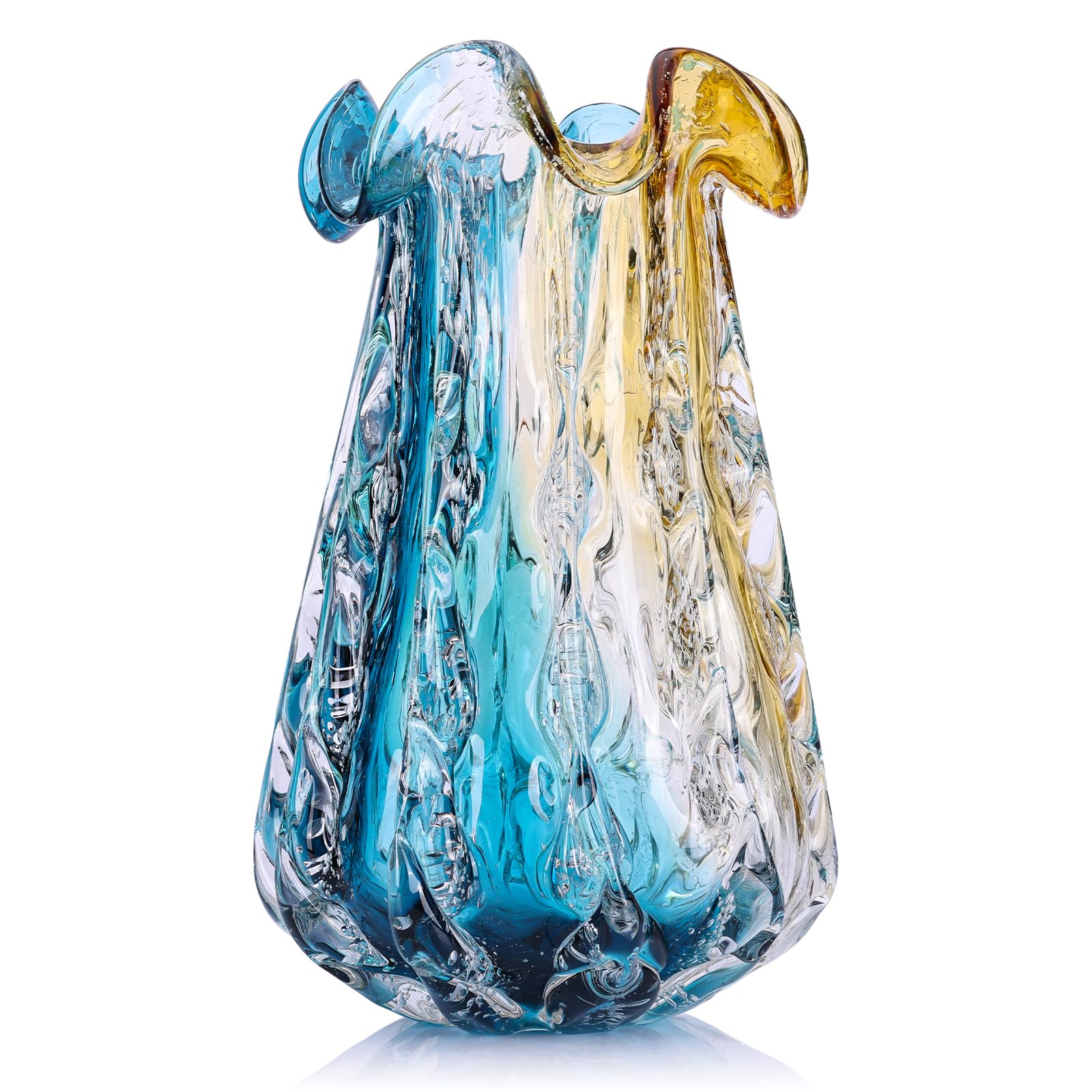 Photo 1 of 14.6" Tall Large Clear Glass Vase Wide Mouth, Pretty Hand Blown Glass Vase for Bouquet, Unique Teal and Amber Sea Vases for Modern High End Living Room, Office, Dining Table Centerpieces